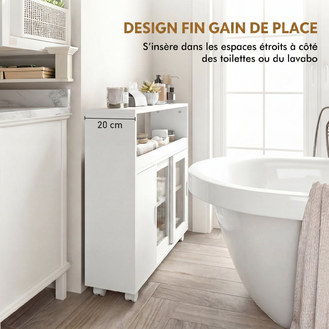 Meuble de Salle de Bain sur Roulettes, Portes en Verre Trempé, Compartiment Ouvert, Étagère Réglable, 71x20x70cm, Blanc Aosom