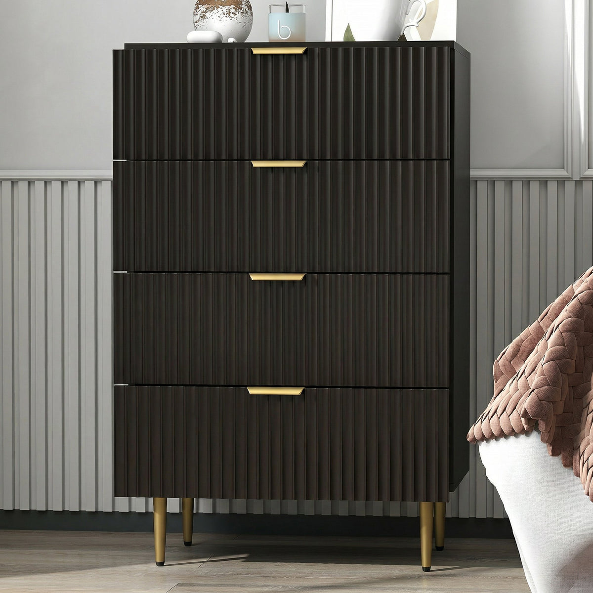 Commode 4 tiroirs commode chambre meuble de rangement moderne avec poignées et pieds dorés, dim. 60 x 40 x 96 cm, noir