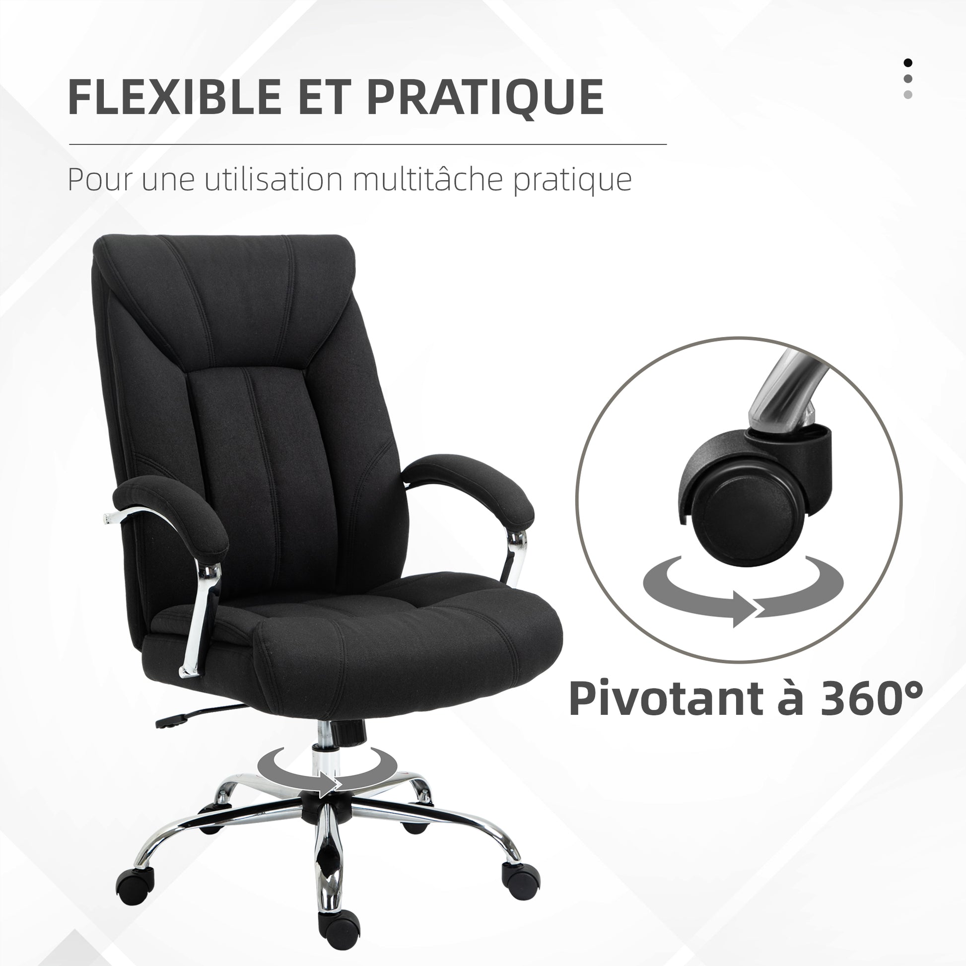 Fauteuil de bureau, chaise de bureau ergonomique, hauteur réglable, dossier haut, fonction de bascule, 65x78x118cm, noir