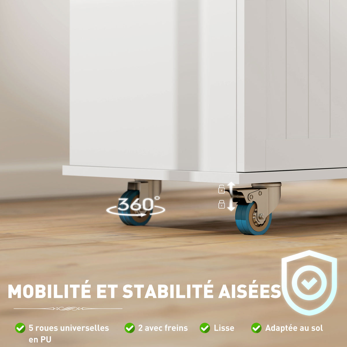 Îlot central cuisine mobile avec prise de courant et port USB, tablette à abattant, étagère réglable blanc