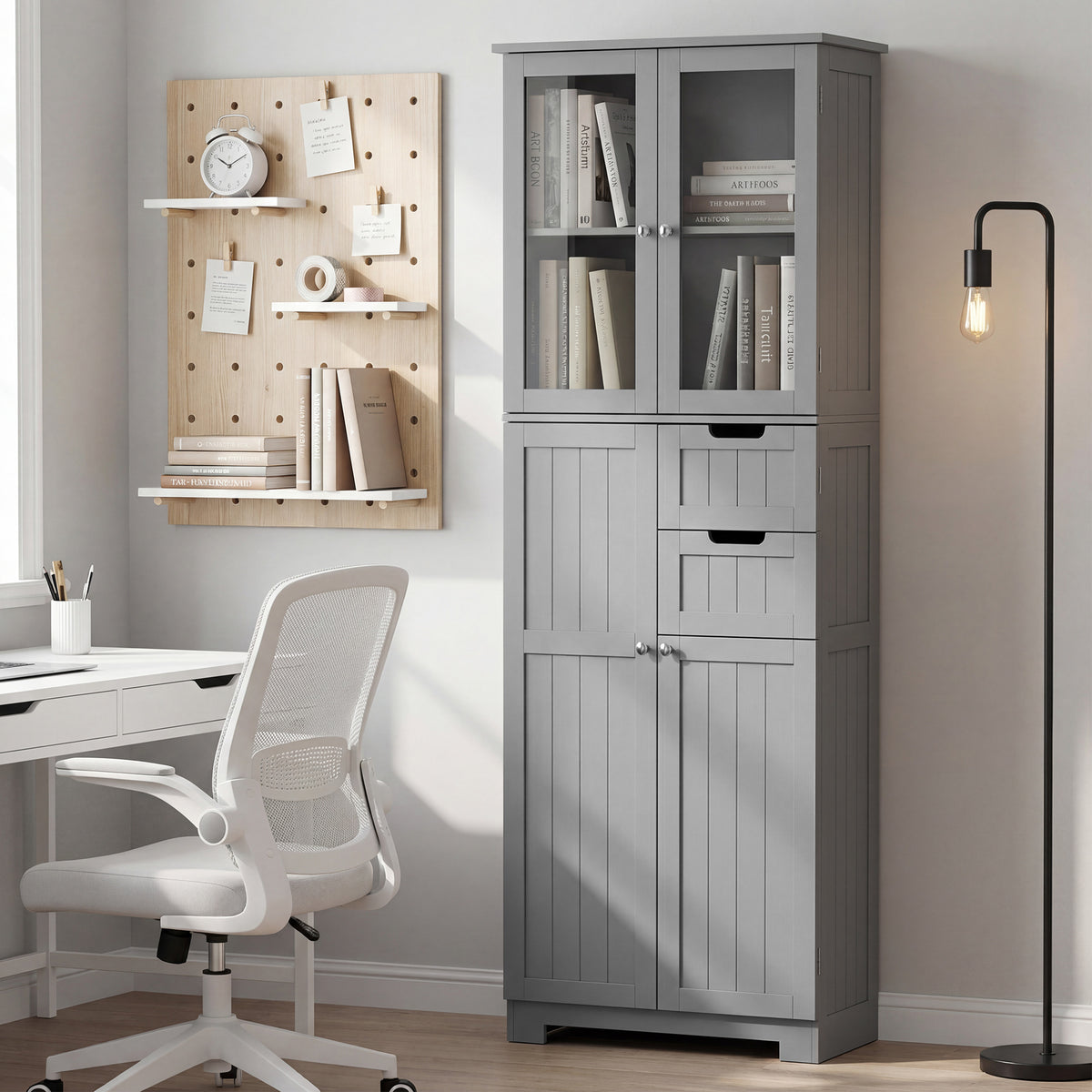 Meuble de salle de bain haut, meuble de rangement avec 4 portes dont 2 vitrées, 2 tiroirs et étagères réglables, gris Aosom