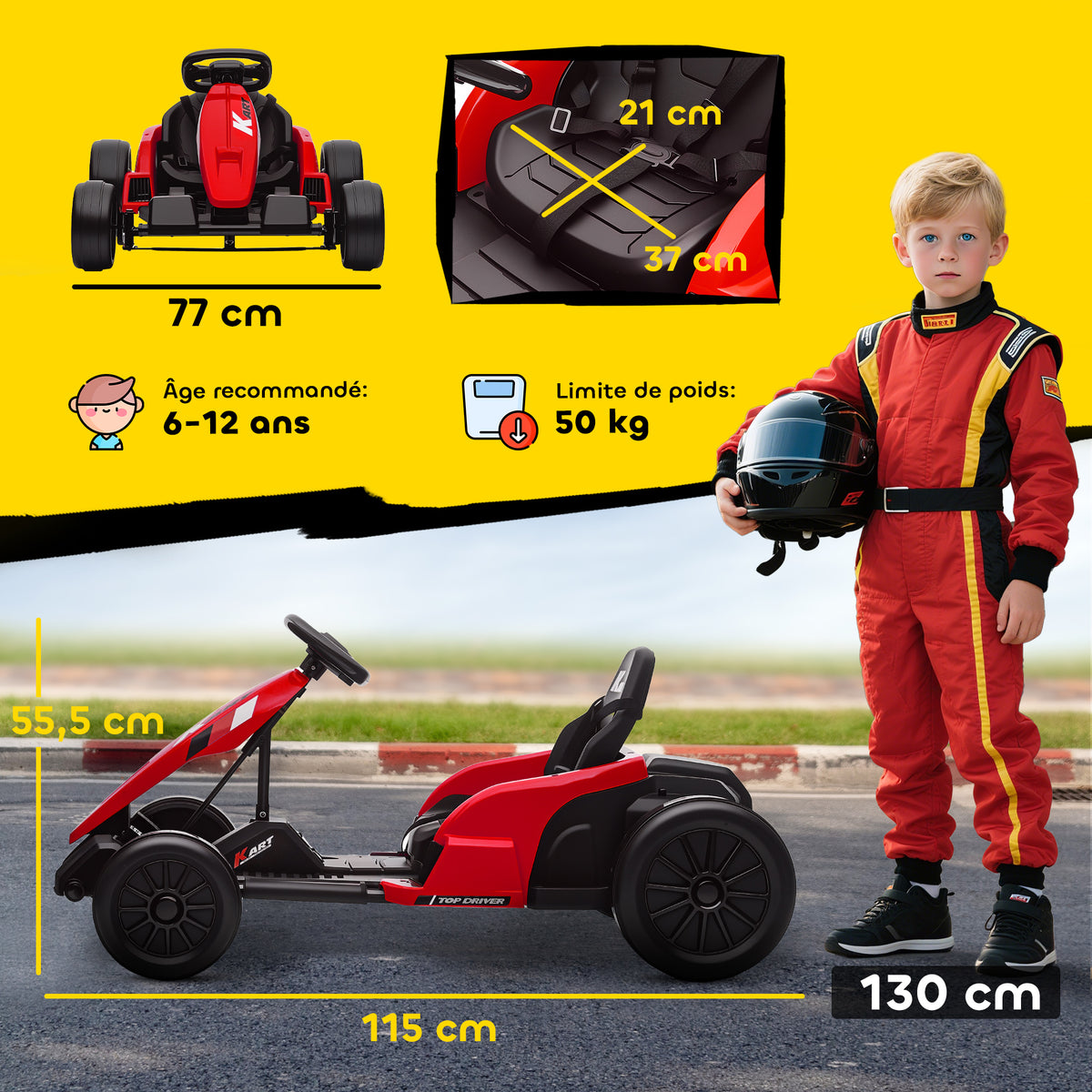 Kart Électrique pour Enfants 24 V, Go Kart, Moteur 2 x 150W, Mode Drift, Siège Réglable, Démarrage Progressif, Rouge
