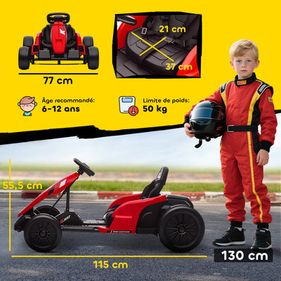 Kart Électrique pour Enfants 24 V, Go Kart, Moteur 2 x 150W, Mode Drift, Siège Réglable, Démarrage Progressif, Rouge