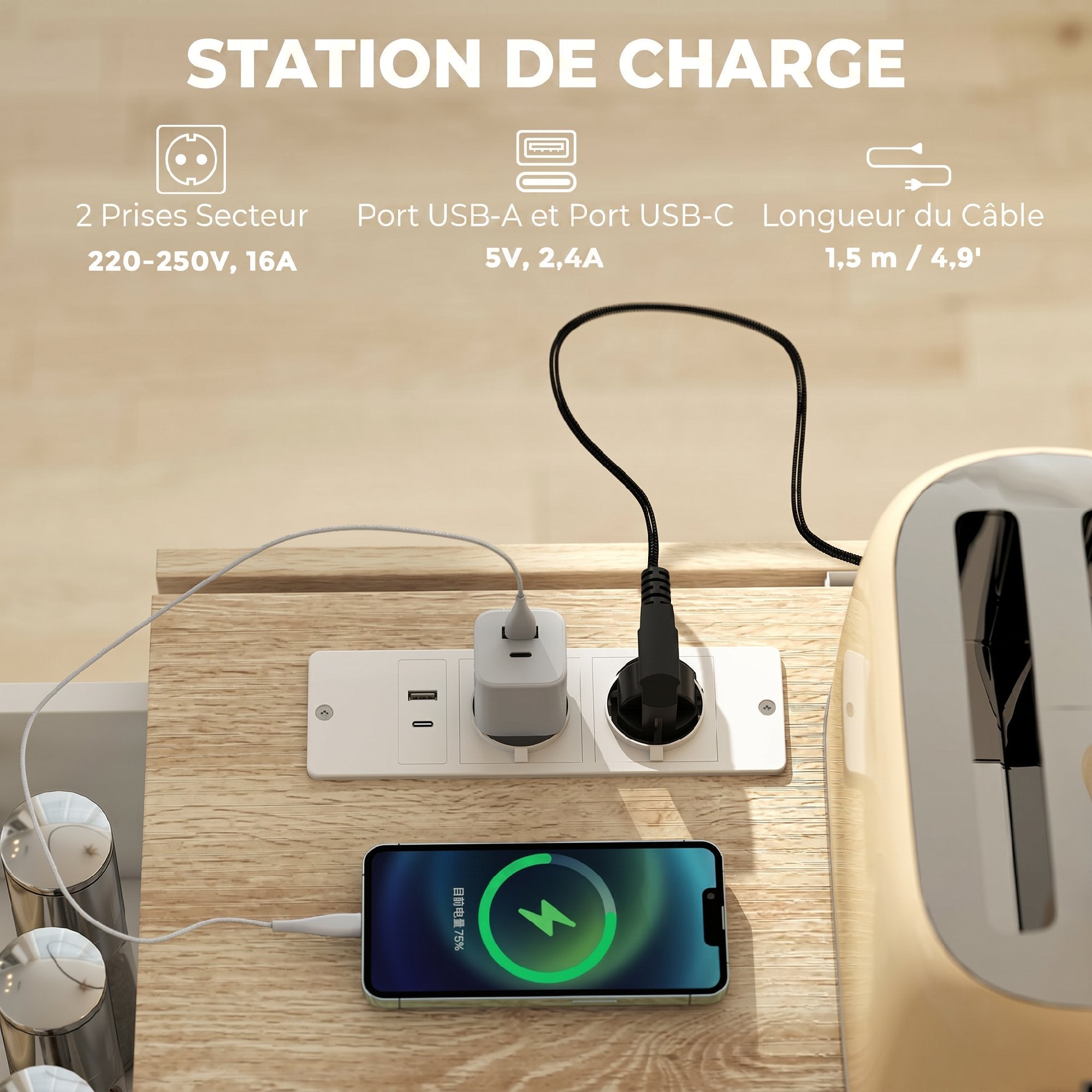 Îlot Central Cuisine avec Plateau Rabattable 2 Prises et 2 Ports USB Desserte de Cuisine sur Roulettes 3 Tiroirs Blanc