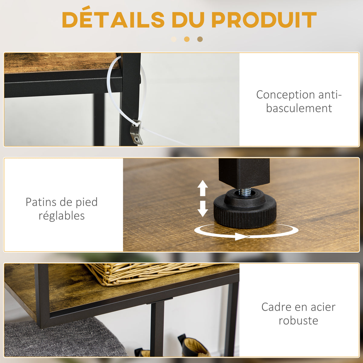 Table console style industriel avec 4 niveaux de rangement 3 étagères inférieures 99,6 x 33,6 x 74 cm