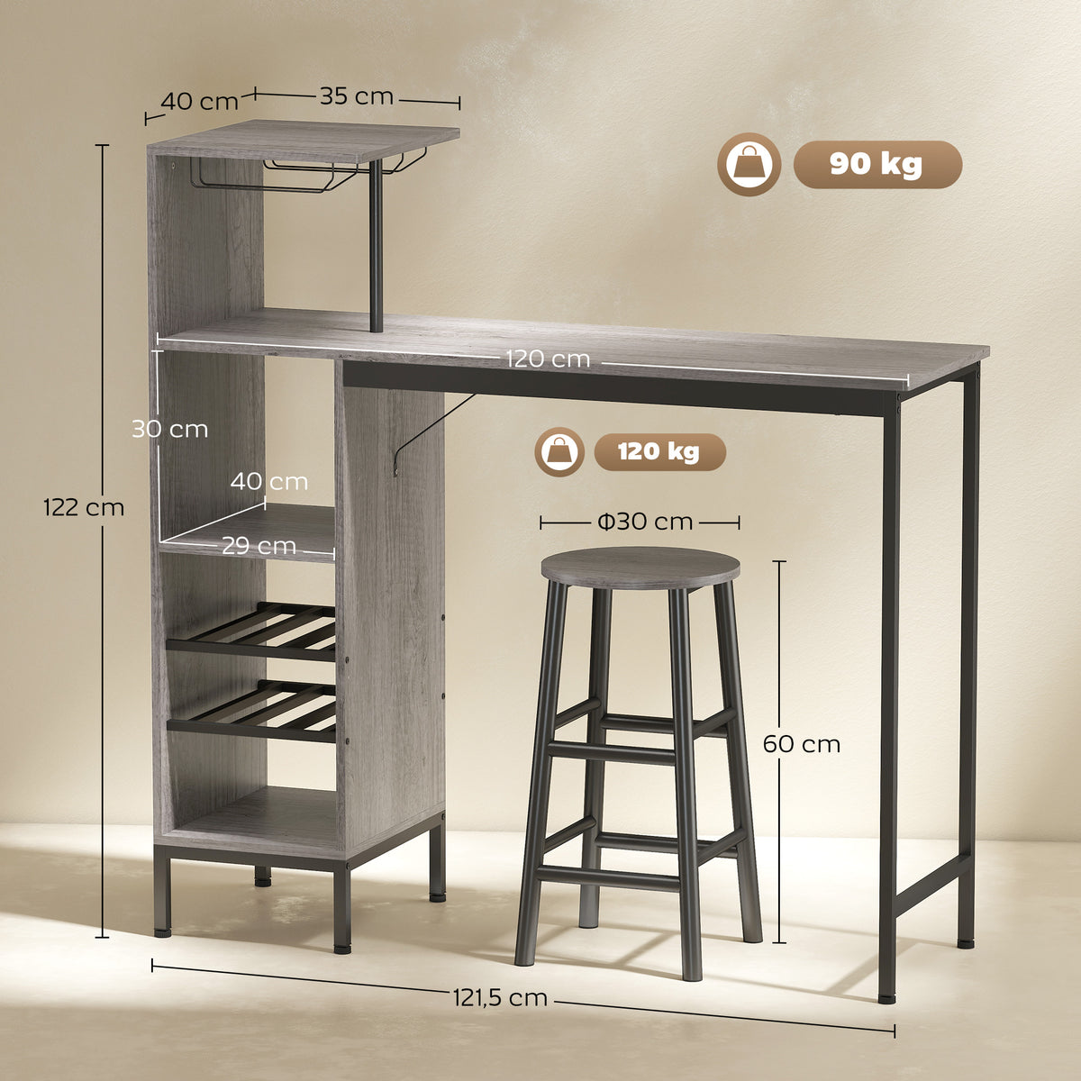Ensemble table de bar avec tabourets, table à manger debout avec 2 chaises de bar étagères, casiers à vin, bois naturel