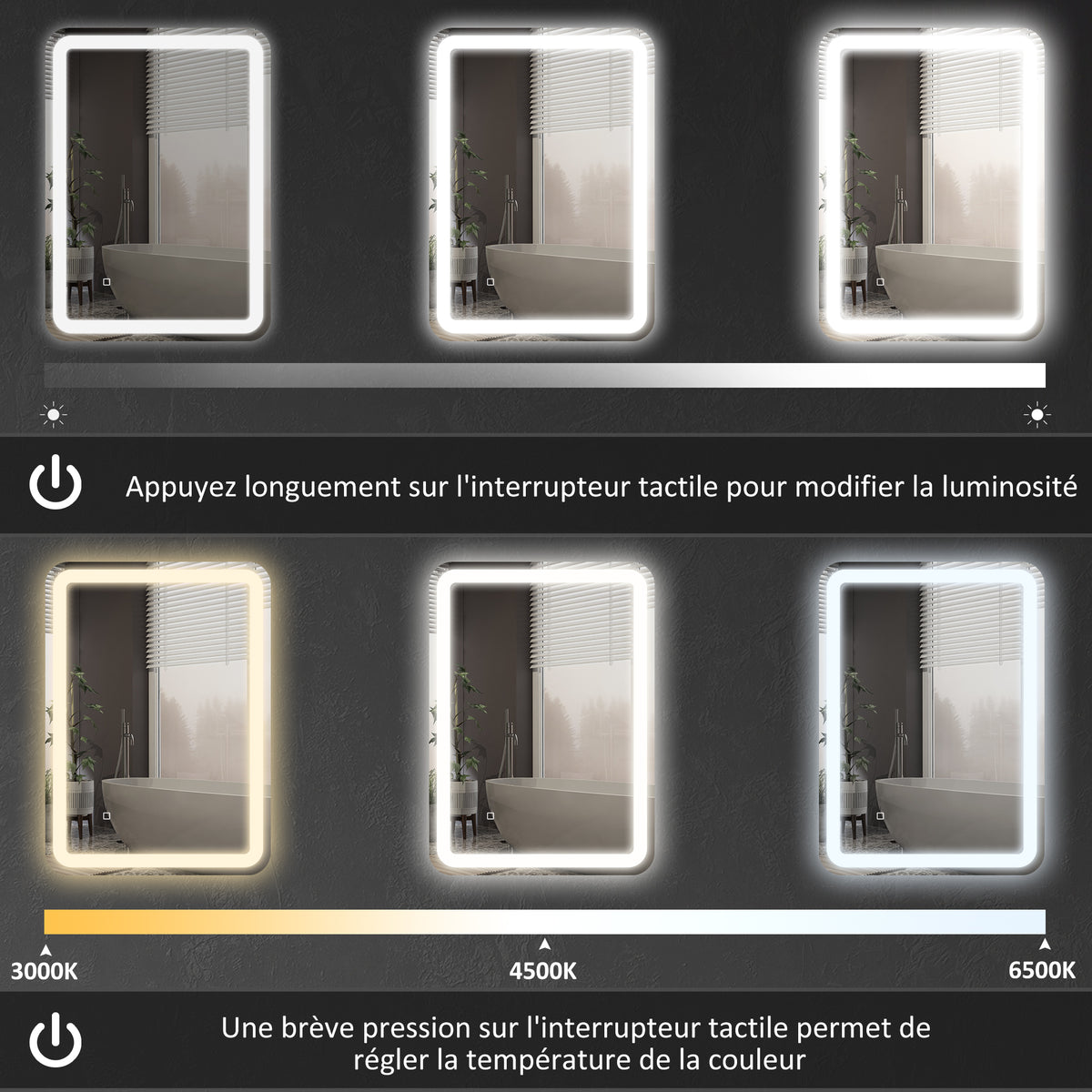 Miroir de salle de bain 60 x 80 cm, miroir LED mural avec 3 couleurs lumière, dimmable, mémoire, anti-buée, argent
