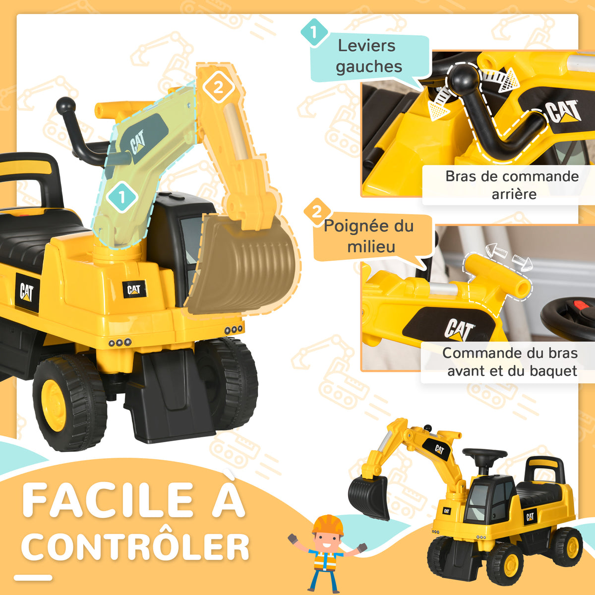 Tractopelle enfant sous licence CAT, porteur enfant, pelle manuelle, klaxon et rangement caché, 85x27,5x47,5cm, jaune