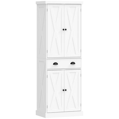 Buffet Haut Cuisine, Armoire de Cuisine avec 4 Portes, Tiroir et Étagères Réglables, Style Rustique, 62x38x173cm, Blanc