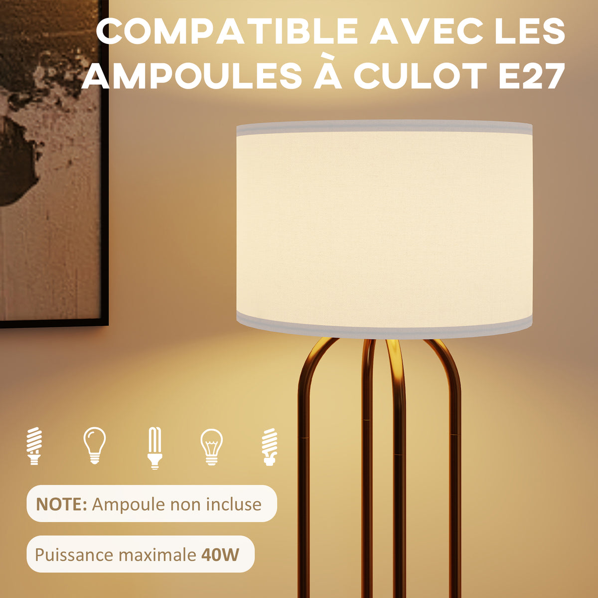 Lampadaire sur pied de salon, lampe sur pied avec abat-jour en lin et interrupteur à pied, Ø 38 x 161 cm, doré et beige