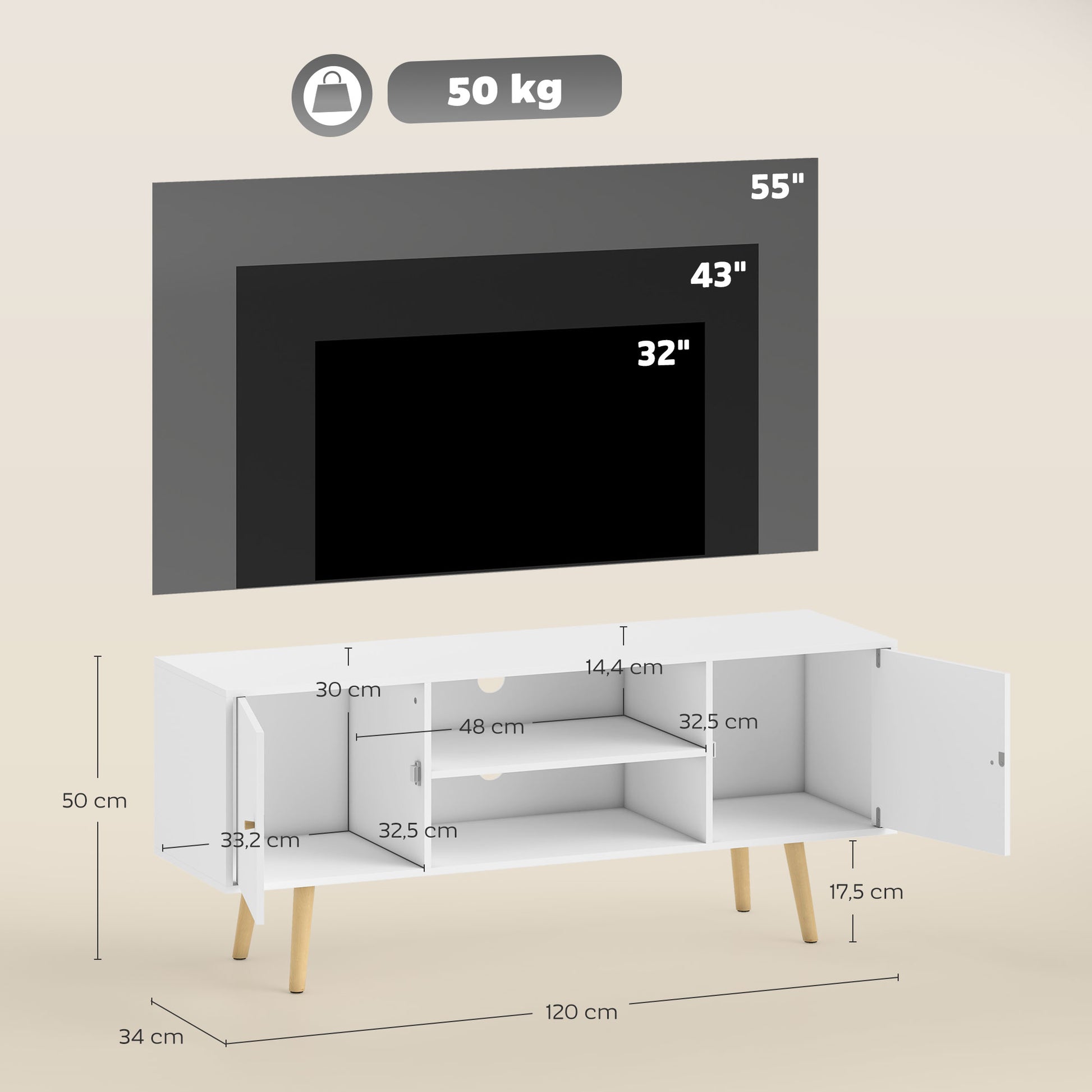 Meuble TV style scandinave 2 portes 2 niches passe-fils piètement bois pin panneaux blanc - 120 x 34 x 50 cm blanc