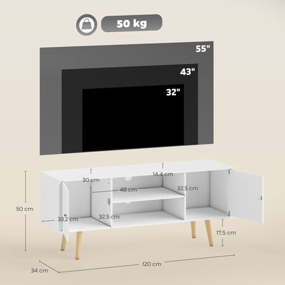 Meuble TV style scandinave 2 portes 2 niches passe-fils piètement bois pin panneaux blanc - 120 x 34 x 50 cm blanc