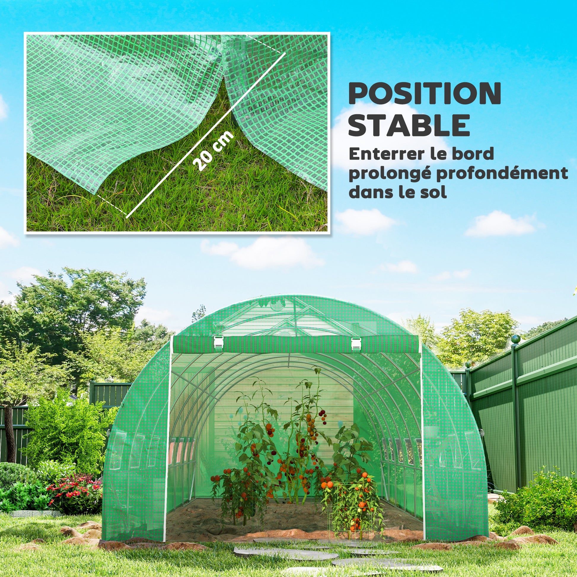 Serre de jardin tunnel 24m² 8L x 3l x 2H m - 16 fenêtres, Porte zippée enroulable acier galvanisé, bâche PE, Vert