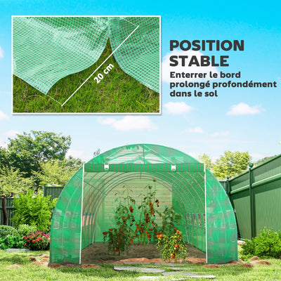 Serre de jardin tunnel 24m² 8L x 3l x 2H m - 16 fenêtres, Porte zippée enroulable acier galvanisé, bâche PE, Vert