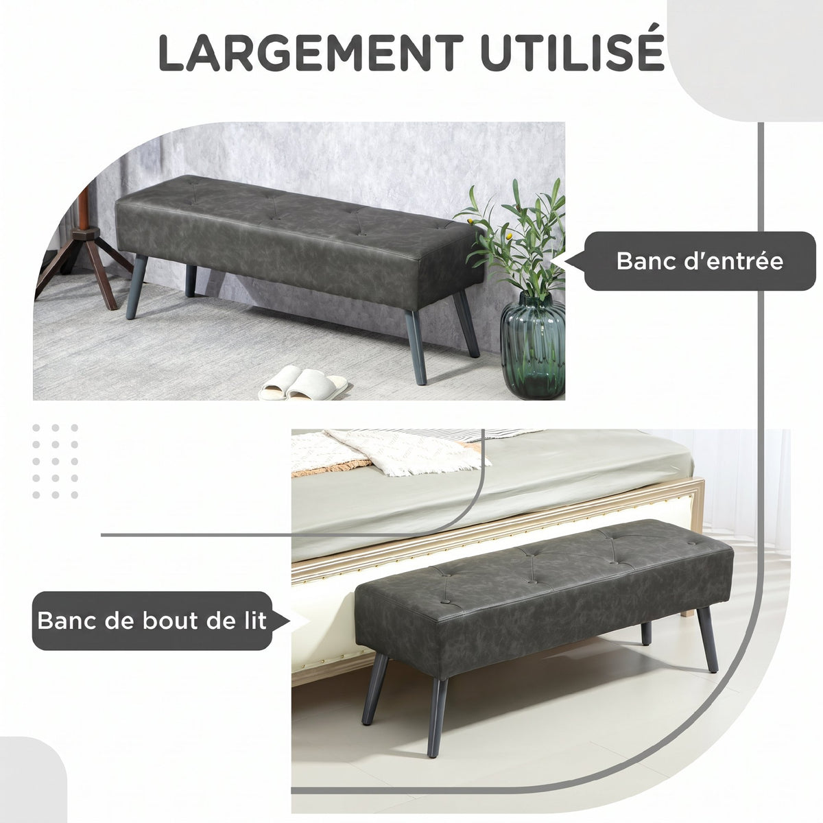 Banc bout de lit banquette capitonnée style vintage 114 x 38 x 42 cm piètement bois revêtement gris