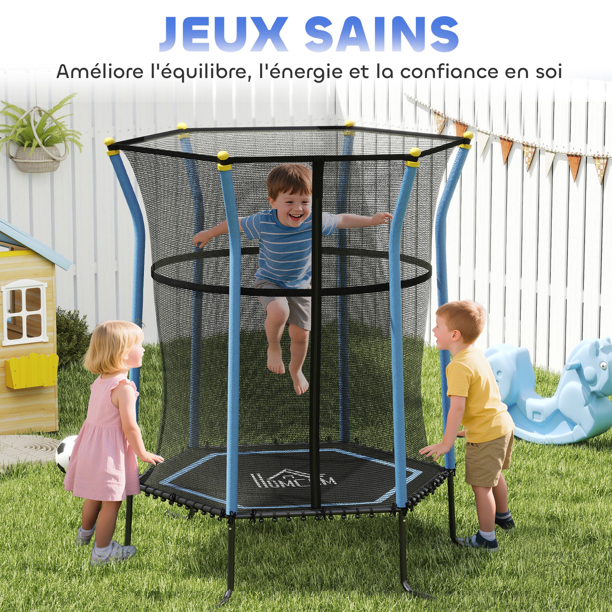 Trampoline pour enfant 1,22 x 1,11 x 1,9 m filet de sécurité porte zippée 6 poteaux rembourrés inclus bleu noir
