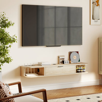 Meuble TV suspendu, meuble télé pour téléviseur jusqu'à 50 pouces, tiroir rabattable 2 étagères 120x24x16cm bois naturel