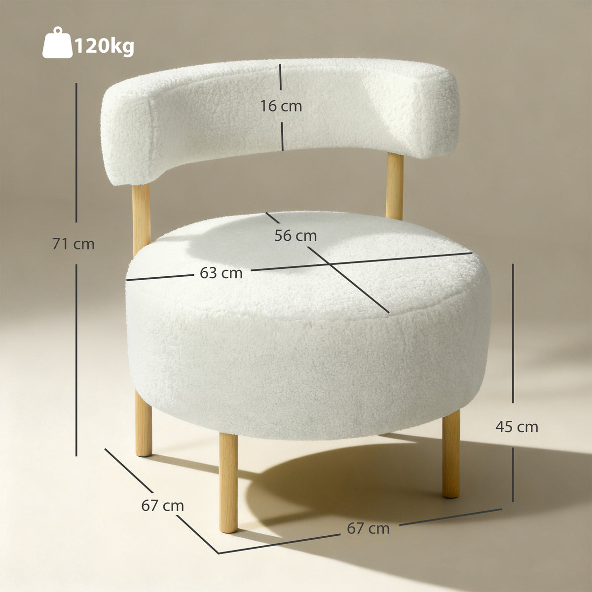 Canapé 1 place en tissu bouclette, fauteuil de salon rembourré avec dossier incurvé, assise large, 67x67x71cm, crème Aosom