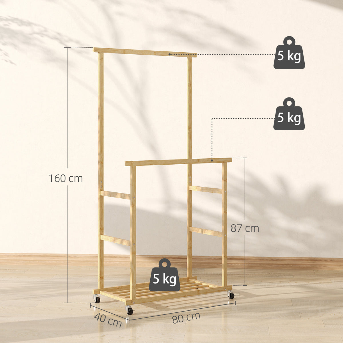 Portant à vêtements à roulettes, porte-manteau double barre en bambou avec étagère inférieure, 80x40x160cm, bois naturel
