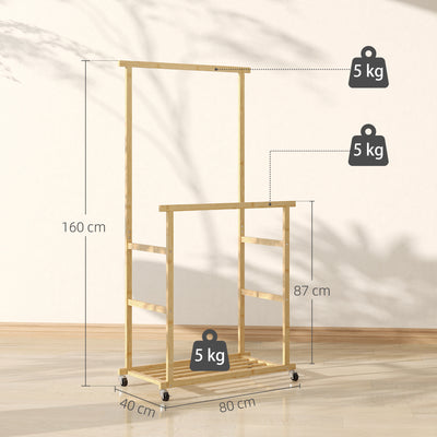 Portant à vêtements à roulettes, porte-manteau double barre en bambou avec étagère inférieure, 80x40x160cm, bois naturel