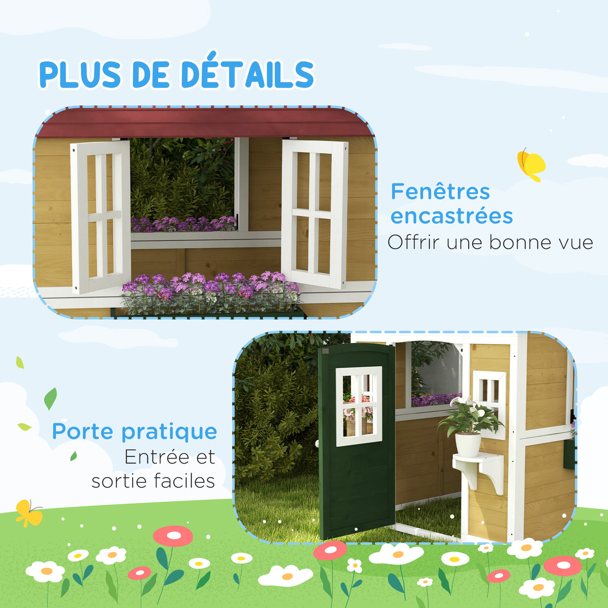 Cabane enfant extérieur maison enfant extérieure avec porte fenêtres et jardinières 114 x 126,4 x 135 cm beige