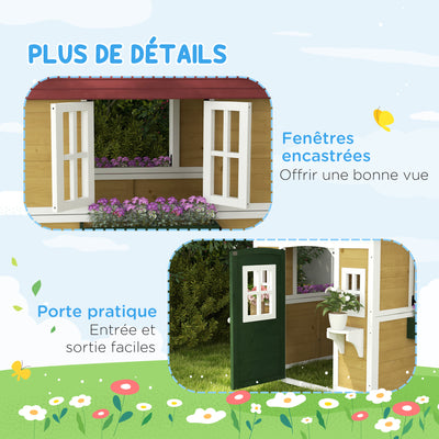Cabane enfant extérieur maison enfant extérieure avec porte fenêtres et jardinières 114 x 126,4 x 135 cm beige