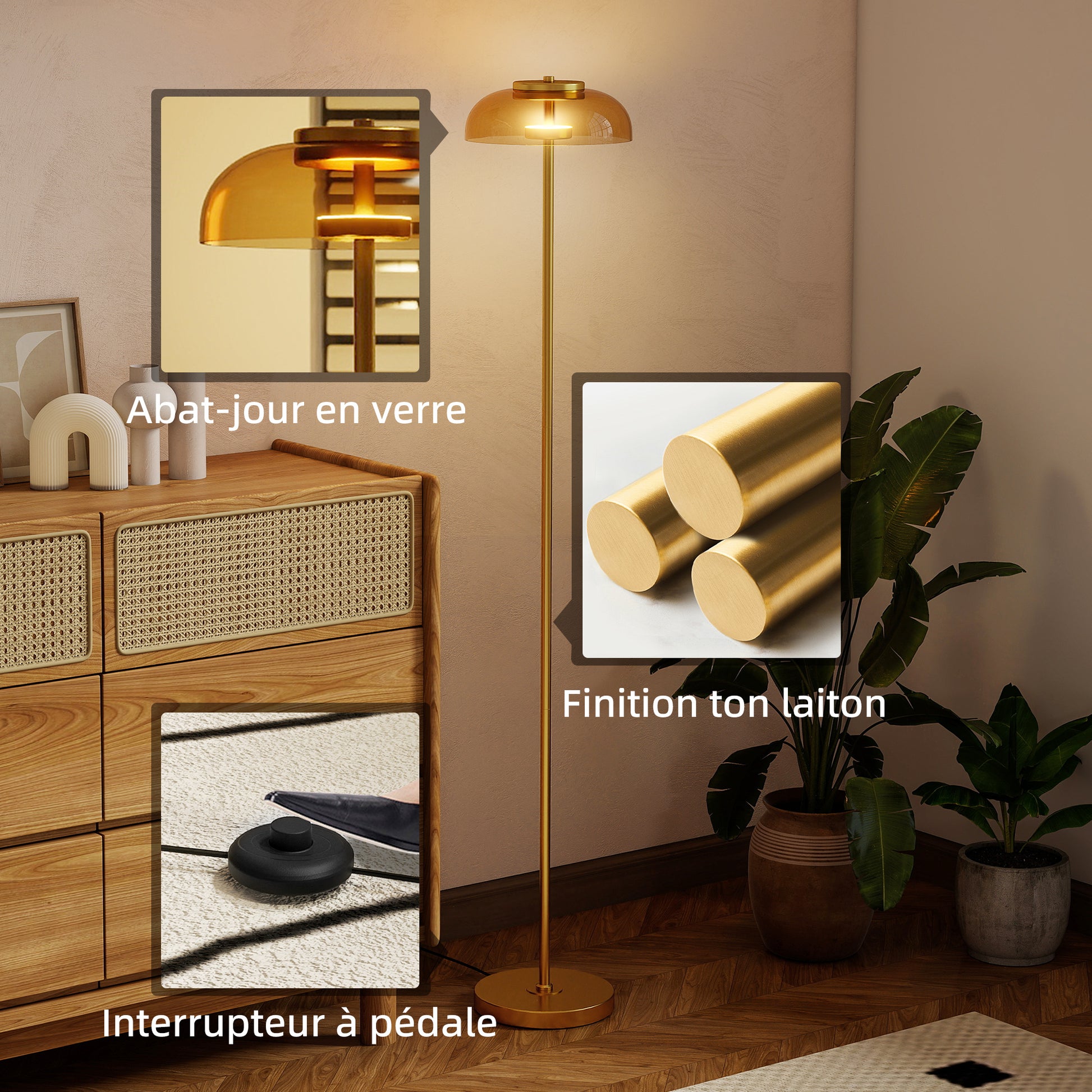 Lampadaire sur pied de salon, lampe salon LED avec lumière chaude 3000 K et interrupteur à pied, Ø25x134cm, ton laiton