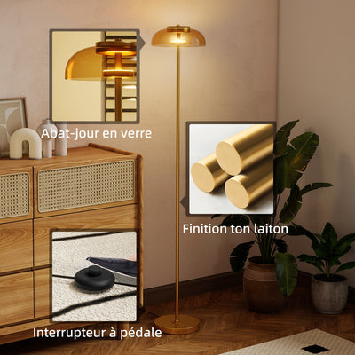 Lampadaire sur pied de salon, lampe salon LED avec lumière chaude 3000 K et interrupteur à pied, Ø25x134cm, ton laiton