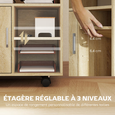 Support d'imprimante organiseur bureau caisson placard porte 3 niches + grand plateau panneaux particules bois naturel