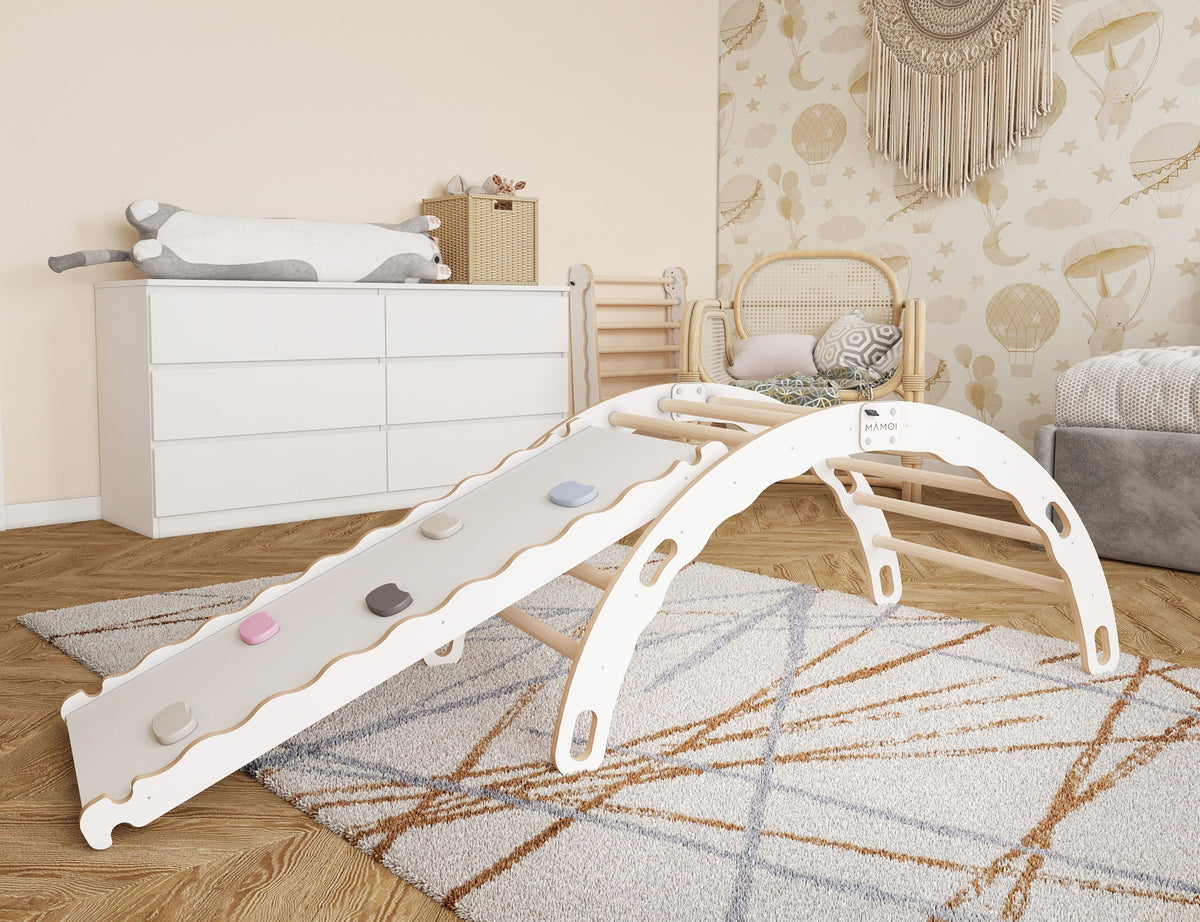 MAMOI® Bujak drewniany dla dzieci ze zjeżdżalnią | Drewniana kołyska Drewniana drabinka do bujania z naturalnego drewna | Wielofunkcyjny bujak montessori Wspinaczka dla dzieci | CE | 100% ECO | Wyprodukowano w UE
