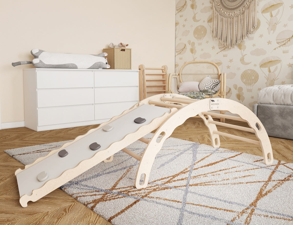 MAMOI® Bujak drewniany dla dzieci ze zjeżdżalnią | Drewniana kołyska Drewniana drabinka do bujania z naturalnego drewna | Wielofunkcyjny bujak montessori Wspinaczka dla dzieci | CE | 100% ECO | Wyprodukowano w UE