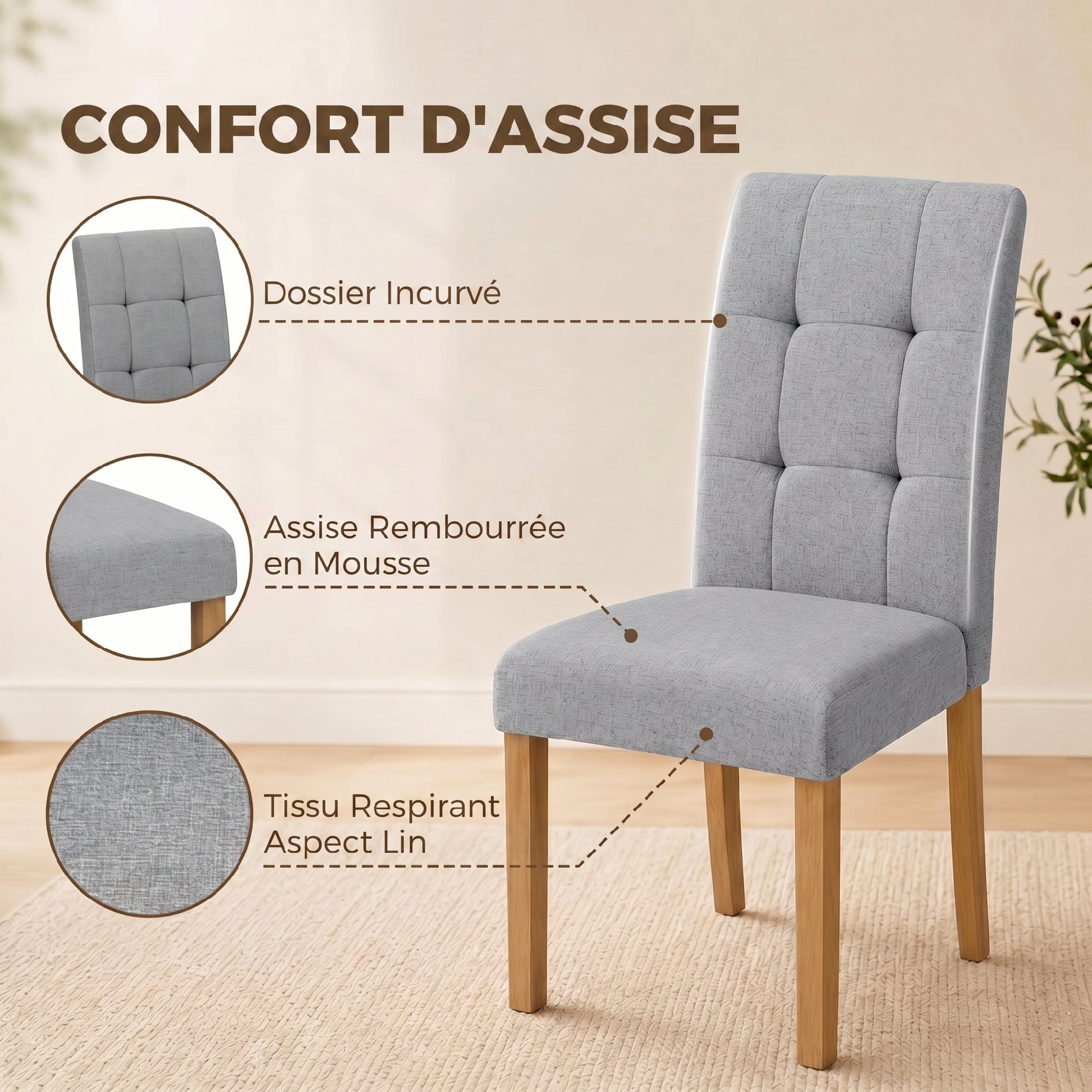 Lot de 2 chaises de salle à manger, chaise de cuisine moderne avec siège rembourré en tissu effet lin, gris clair