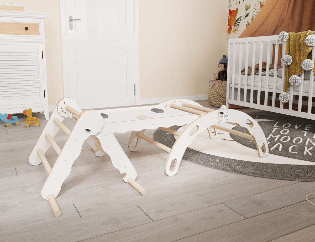 MAMOI® Zestaw: trójkąt wspinaczkowy + bujak + zjeżdżalnia dla dzieci | Rama wspinaczkowa i zjeżdżalnia dziecięca minimalistyczny design | Trójkąt wspinaczkowy dla małych dzieci ze zjeżdżalnią Yarnwood 100% ECO | Wyprodukowano w UE