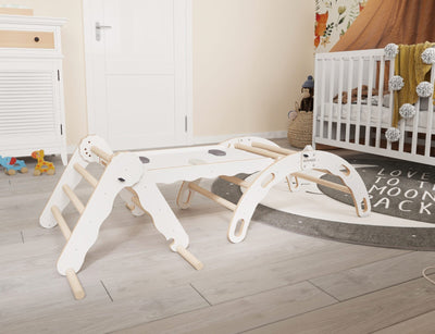MAMOI® Zestaw: trójkąt wspinaczkowy + bujak + zjeżdżalnia dla dzieci | Rama wspinaczkowa i zjeżdżalnia dziecięca minimalistyczny design | Trójkąt wspinaczkowy dla małych dzieci ze zjeżdżalnią Yarnwood 100% ECO | Wyprodukowano w UE