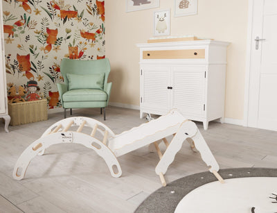 MAMOI® Zestaw: trójkąt wspinaczkowy + bujak + zjeżdżalnia dla dzieci | Rama wspinaczkowa i zjeżdżalnia dziecięca minimalistyczny design | Trójkąt wspinaczkowy dla małych dzieci ze zjeżdżalnią Yarnwood 100% ECO | Wyprodukowano w UE
