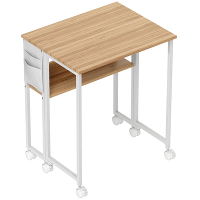 Bureau pliable sur roulettes 63 x 50 cm avec étagère et sac de rangement, bois naturel