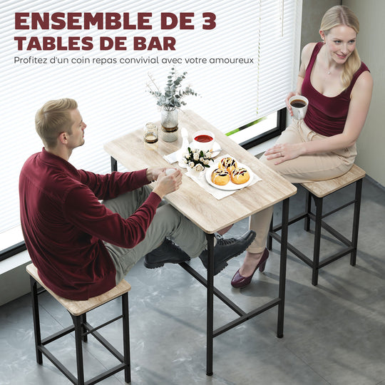 Ensemble table de bar avec 2 tabourets, cadre en acier pour cuisine, salle à manger et salon, effet bois naturel Aosom