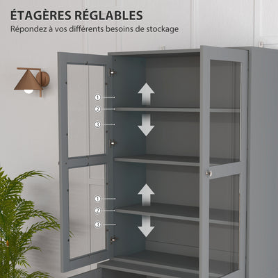 Bibliothèque vitrine, meuble de rangement à 6 niveaux avec 4 portes dont 2 en verre trempé, étagères réglables, gris