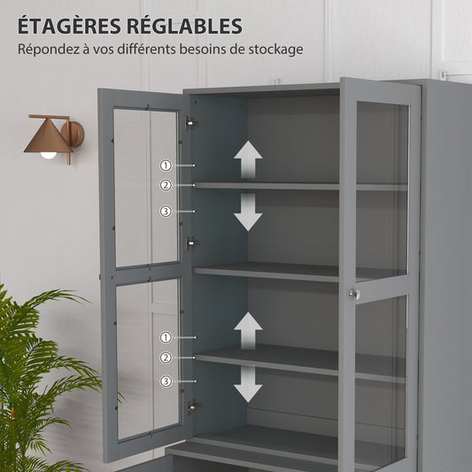 Bibliothèque vitrine, meuble de rangement à 6 niveaux avec 4 portes dont 2 en verre trempé, étagères réglables, gris