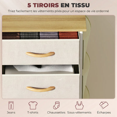 Commode 5 tiroirs en tissu, meuble de rangement avec 4 poches, 2 crochets, structure en acier, 45 x 30 x 94,5 cm, beige