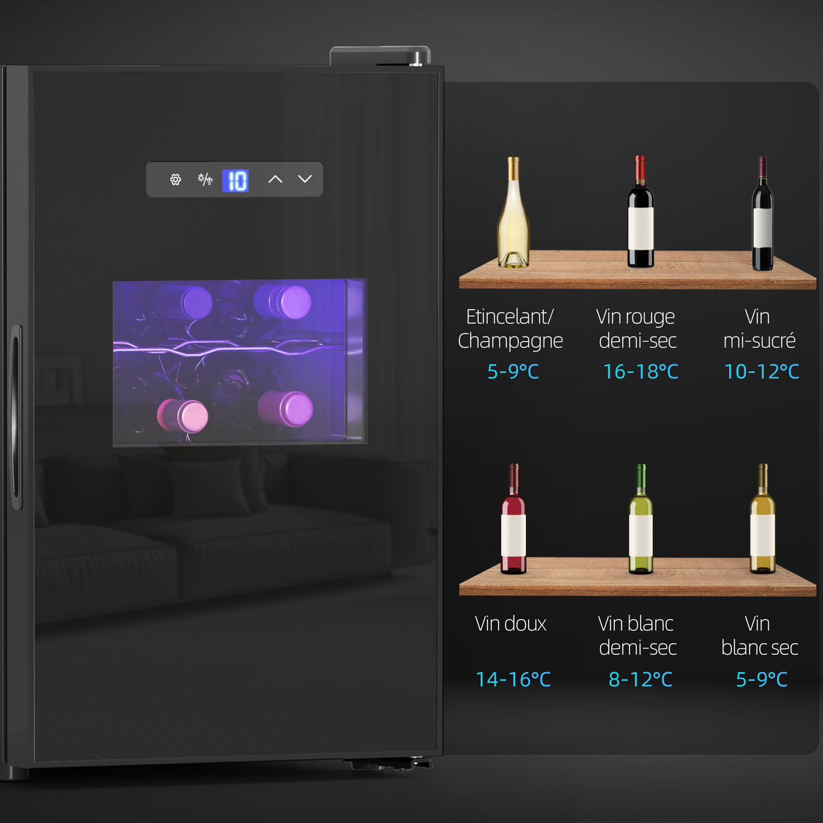 Cave à vin, 15 bouteilles, 39L, Réfrigérateur pour boissons, éclairage LED, température réglable 8-18℃