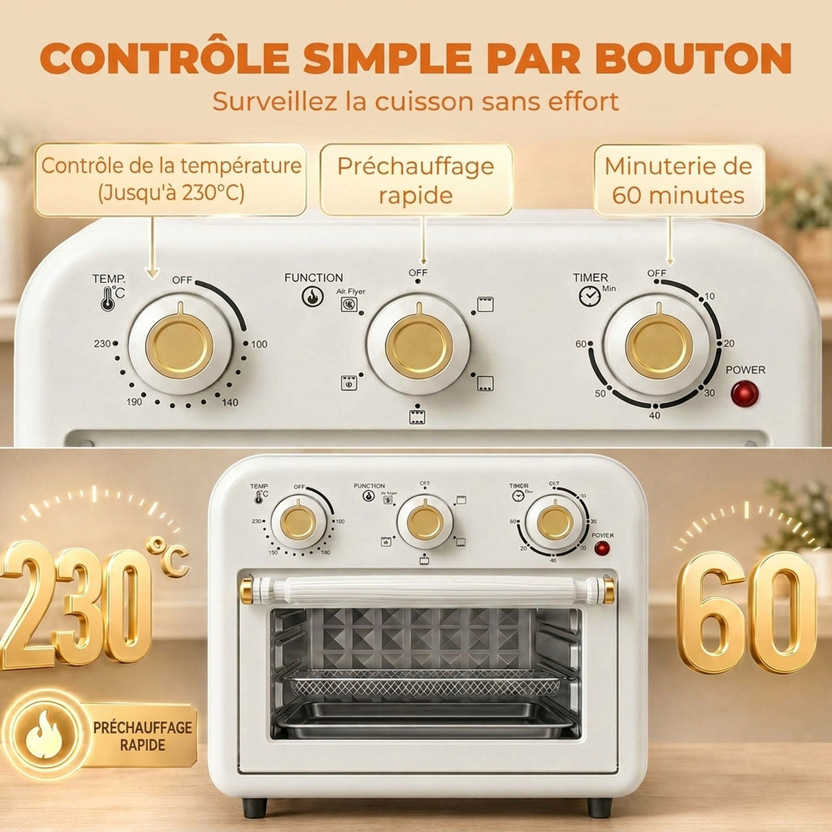 Four Friteuse à Air Chaud 12L, Four à Air Chaud Convection 1200 W avec Plaque de Cuisson, Panier de Friture, Crème