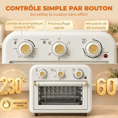 Four Friteuse à Air Chaud 12L, Four à Air Chaud Convection 1200 W avec Plaque de Cuisson, Panier de Friture, Crème