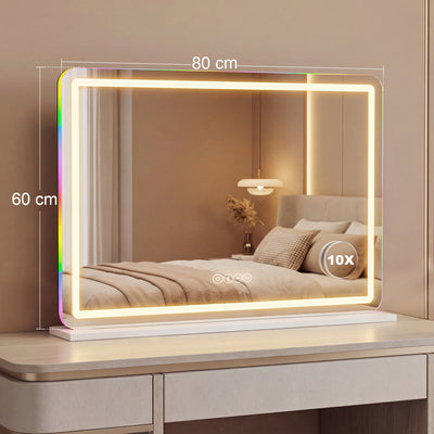 Miroir maquillage lumineux 80x60cm, miroir coiffeuse LED dimmable, lumière RGB, 3 températures de couleur, blanc
