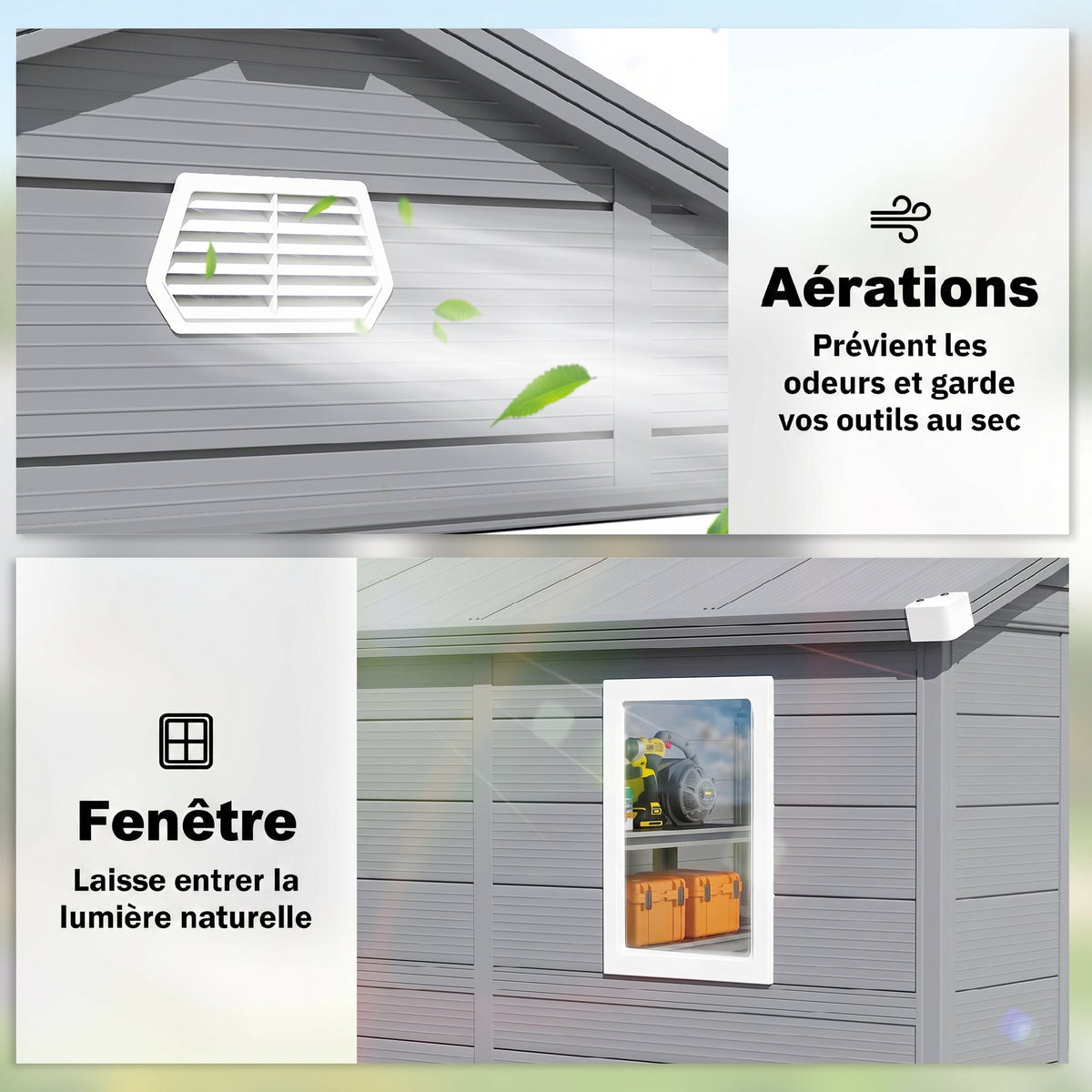 Abri de jardin en résine 4,56 m² avec kit de fondation galvanisé structure en aluminium 240 x 190 x 228 cm gris foncé