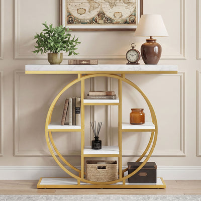 Table Console d'Entrée Meuble d'Entrée Industrielle 6 Étagères Rangement Plateau 4cm 100 x 30 x 81,5cm Blanc
