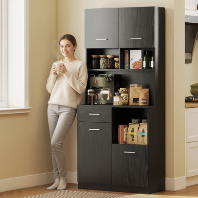Buffet Haut Cuisine, Armoire de Cuisine avec 4 Portes à Fermeture Douce, Tiroir et Étagères Réglables, Noir