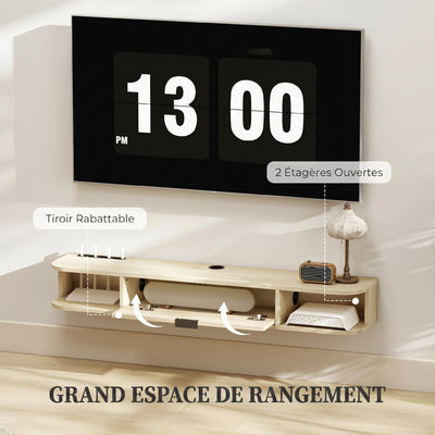 Meuble TV suspendu, meuble télé pour téléviseur jusqu'à 50 pouces, tiroir rabattable 2 étagères 120x24x16cm bois naturel