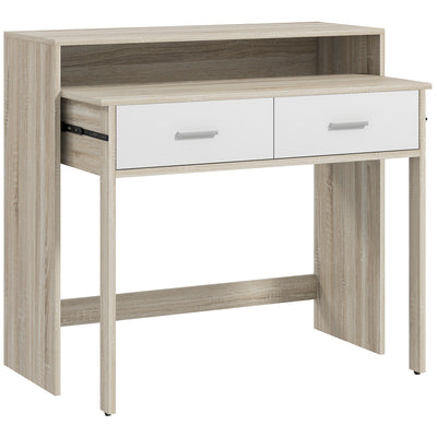 Table console avec plateau coulissant et 2 tiroirs, table de couloir avec rangement, 95l x 35P x 87H cm, aspect chêne