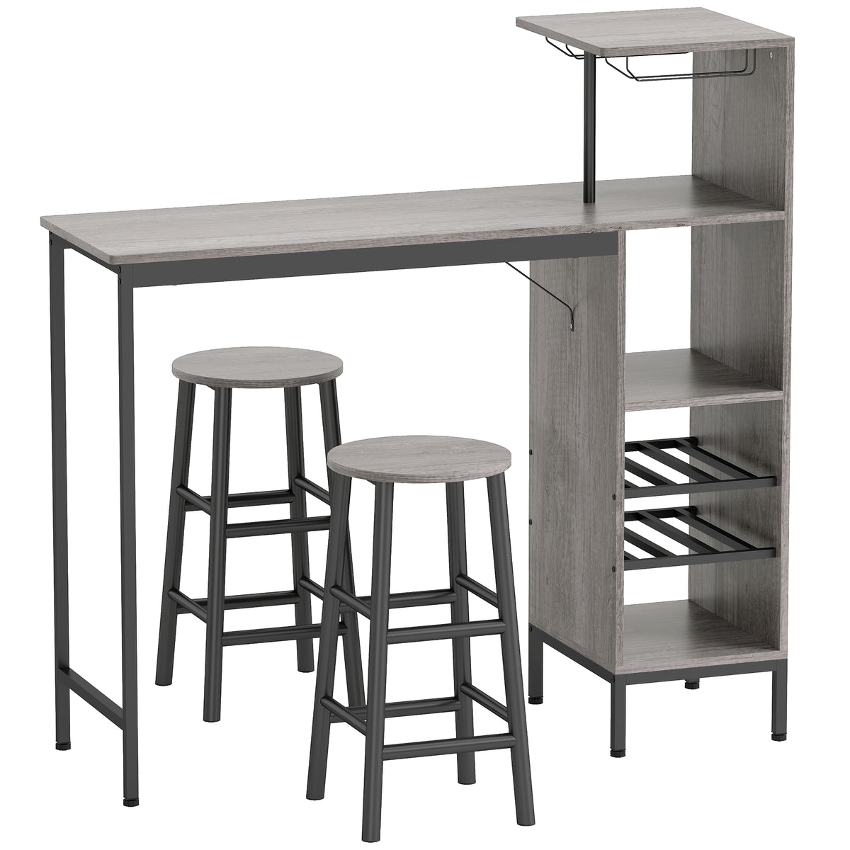 Ensemble table de bar avec tabourets, table à manger debout avec 2 chaises de bar étagères, casiers à vin, bois naturel